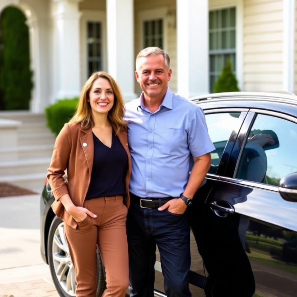 Happy Denver Mobile Oil customers standing beside their vehicle at home