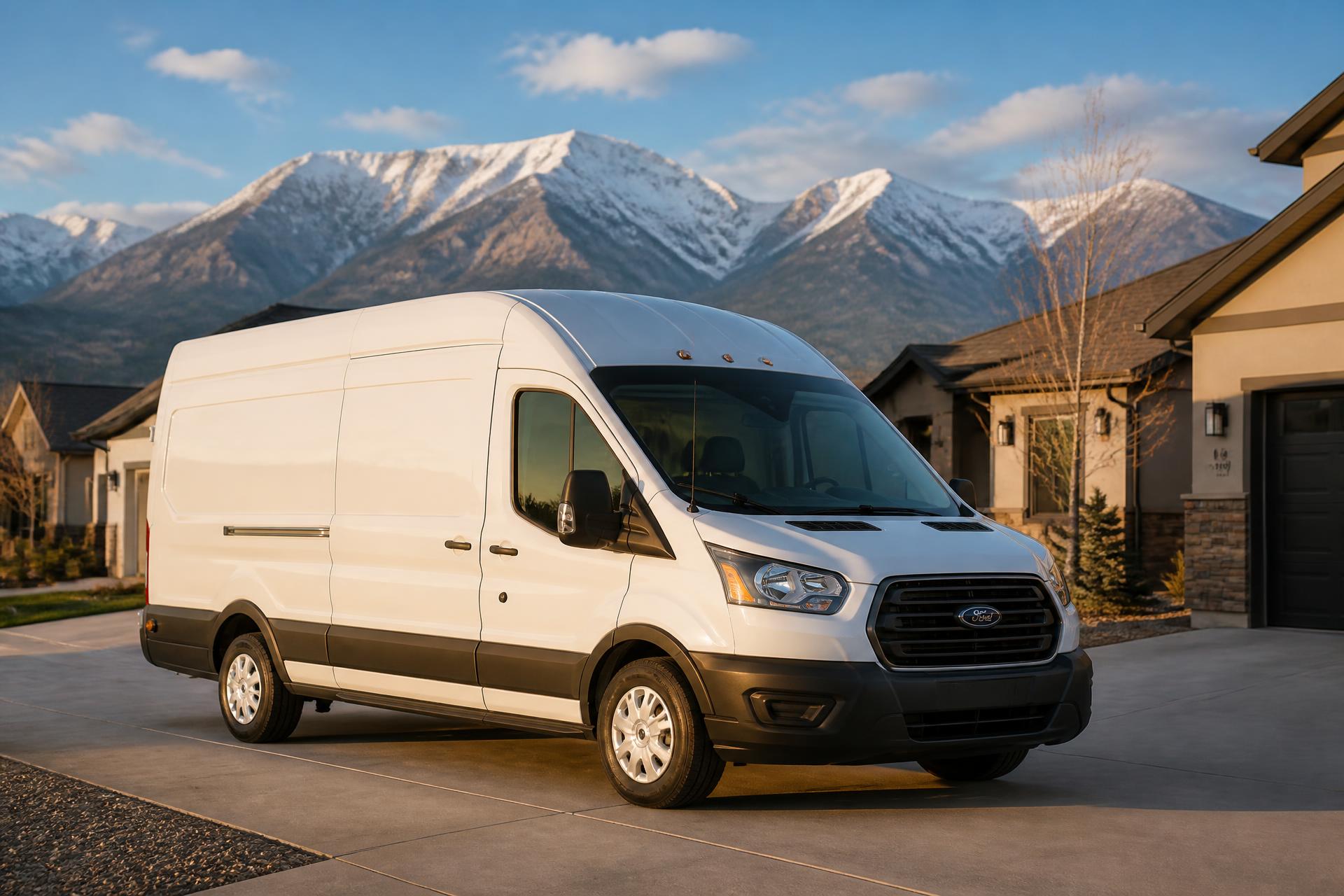 Clean white Denver Mobile Oil service van parked in a residential driveway with the Rocky Mountains behind it